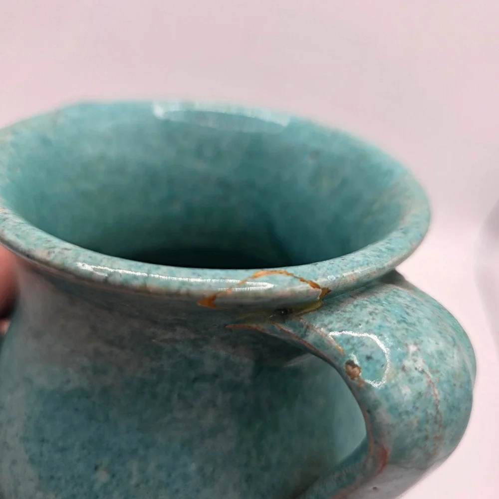 Vintage Monmouth Pottery Turquoise Double Handle Vase Aqua Art Pottery USA